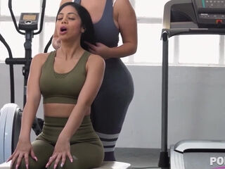 Horny blonde milf brough her latina bestie to a peculiar gym