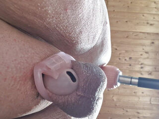 Naked fat sissy uses the fucking machine