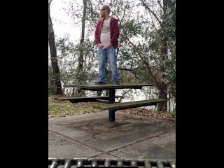 Pissing on a picnic table, marking my spot!