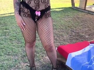 French tattooed MILF enjoys double penetration and facial cumshot in outdoor threesome
