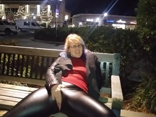 Milf in ripped wet look tights,risky piss and mastrubate in public plaza