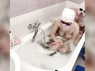 Amateur couple taking bath, hairy pussy wife, big ass, big tits.