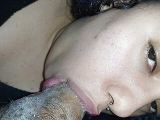 CLOSE UP horny naughty face sucking cock while looking at the camera