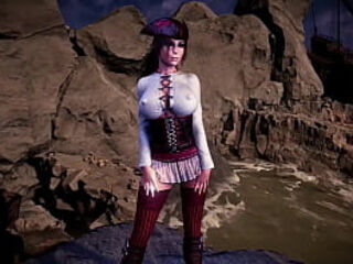 Pirate queen Lara Croft seductively dances on the coast before storm