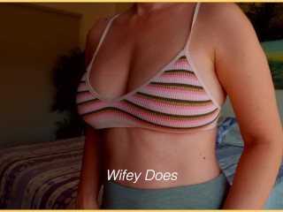 MILF hot lingerie. Big tits in tiny striped print bra