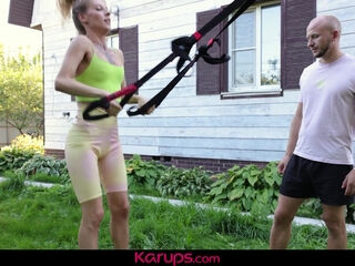 Skinny tattooed and horny redhead gets fucked by her personal trainer after a workout